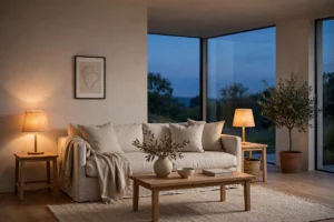 Heating Season Is Here: 4 Quiet Upgrades That Lower Your Energy Bills Warm-lit living room at dusk with glowing lamps