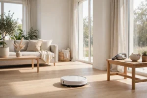 Robot vacuum gliding across a sunlit living room