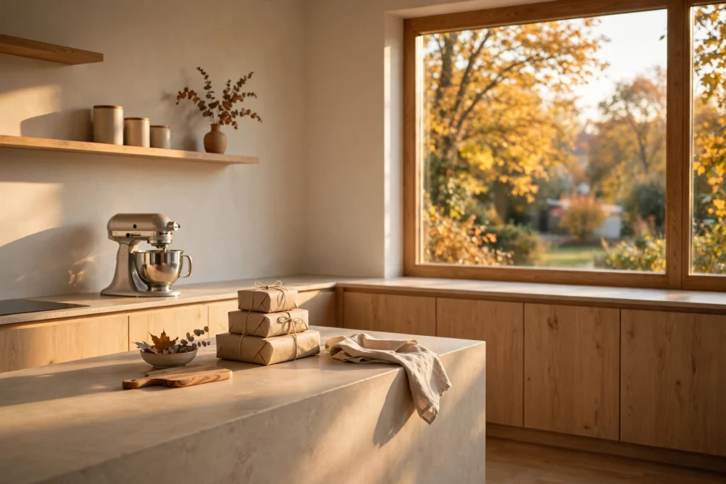Warm minimalist home in autumn with parcels and a stand mixer
