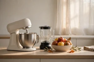 Minimalist kitchen counter with stand mixer, blender and apples