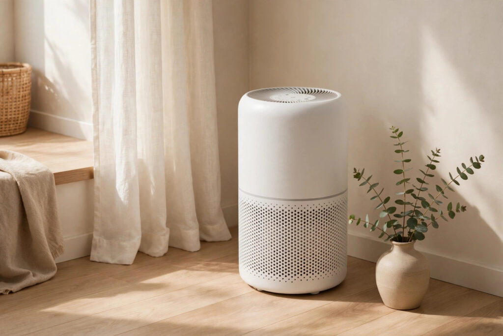 White air purifier in a calm sunlit living room corner